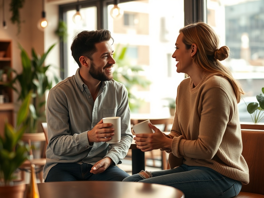 Два человека сидят в кафе, улыбаются и пьют кофе, окруженные зелеными растениями и мягким светом.