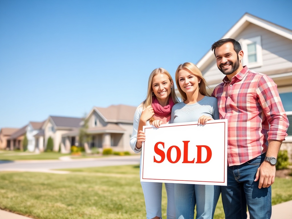 Трое людей улыбаются и держат знак "Продано" на фоне жилых домов под ясным небом.