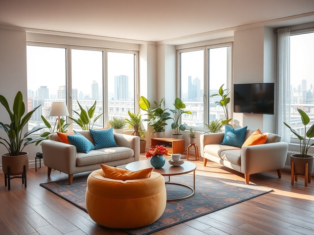 Светлая гостиная с большими окнами, растениями и уютной мебелью, создающей атмосферу комфорта и уюта.