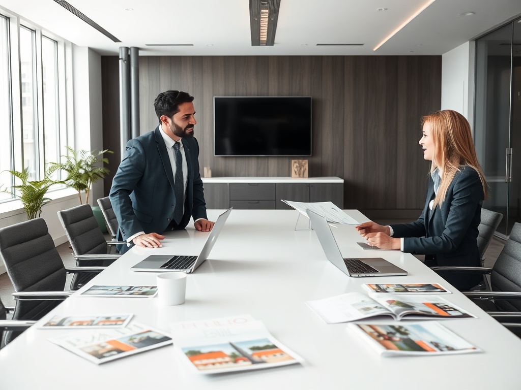 Два человека в деловых костюмах обсуждают документы за столом в современном офисе. На столе ноутбуки и журналы.