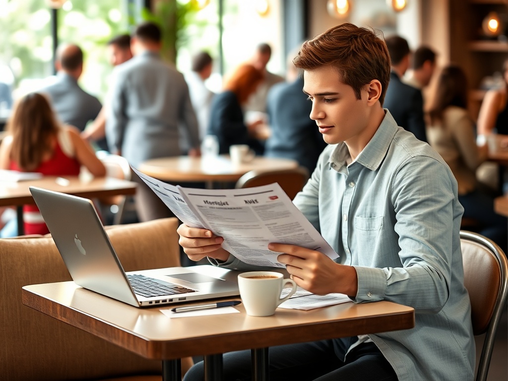 Молодой человек читает газету в кафе, рядом с ним ноутбук и чашка кофе. Вокруг много людей.