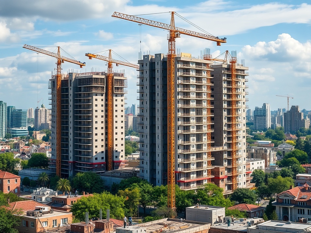 Три строительных башни с подъемными кранами на фоне городского пейзажа и голубого неба.