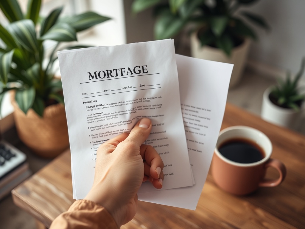 На столе рука держит документы по ипотеке, рядом чашка кофе и горшок с растением.
