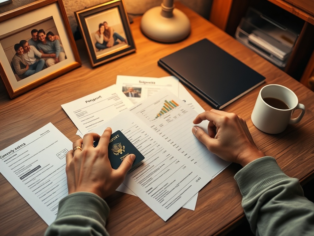 На столе документы, паспорт, чашка кофе и фотографии, создающие уютную атмосферу рабочего пространства.