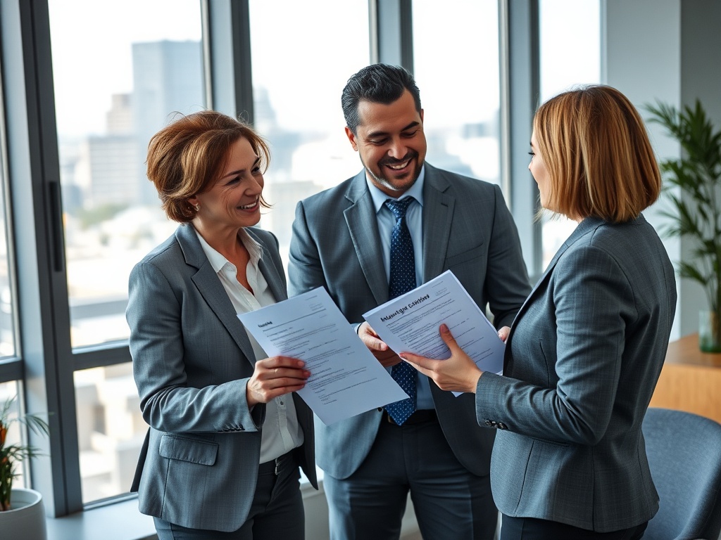 Трое деловых людей обсуждают документы в офисе с видом на город. Они улыбаются и выглядят довольными.